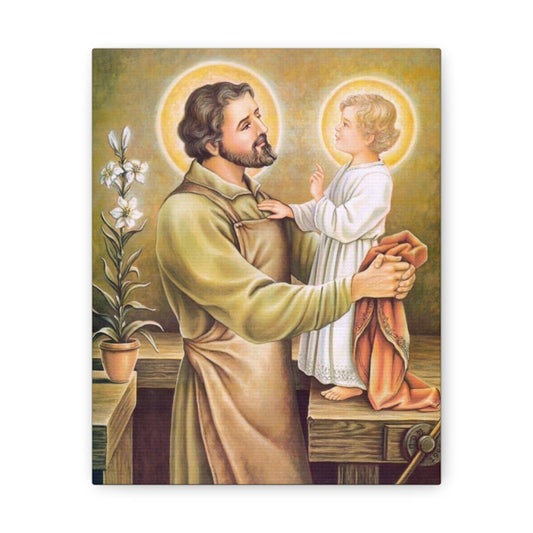 Saint Joseph the Worker Confirmation Gift Canvas, Catholic Wallart home decor, Wall Art gift home prayer altar, Child Jesus Foster Father
