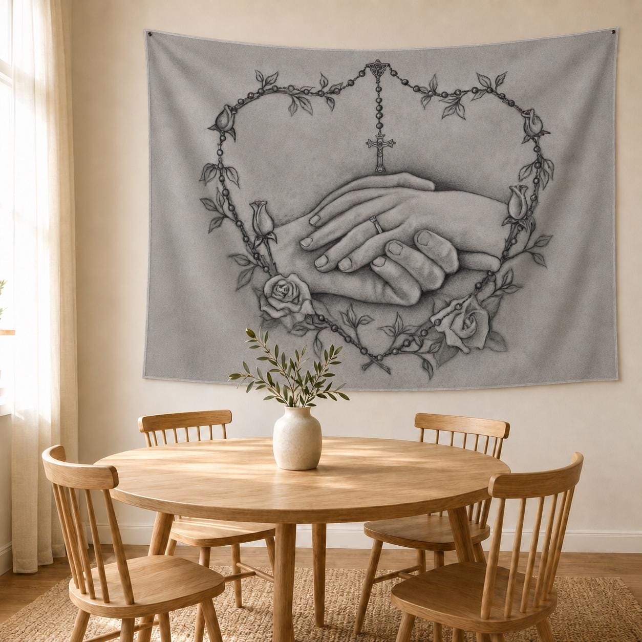 Personalized Wedding Tapestry – Catholic Rosary Heart Wall Art