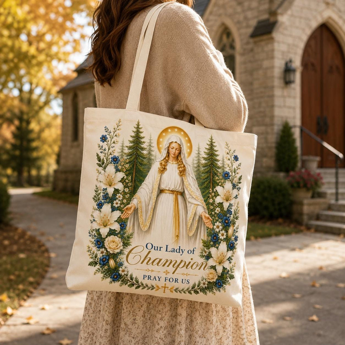 Our Lady of Champion Tote Bag, Catholic Pilgrimage Gift, Marian Shrine Tote