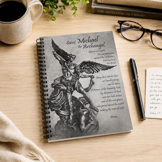 Saint Michael the Archangel prayer journal cover, Defend Us in Battle sacred art — Catholic gift from Glory Be Gifts