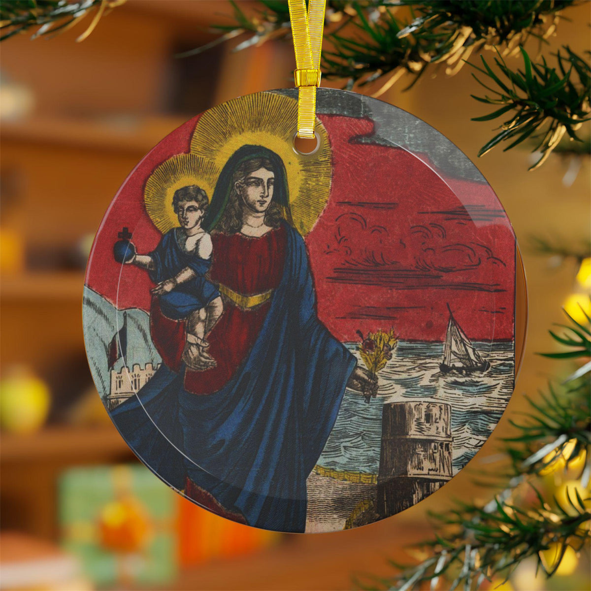 Our Lady of the Guard Patron of Sailors Catholic Glass Christmas Ornament