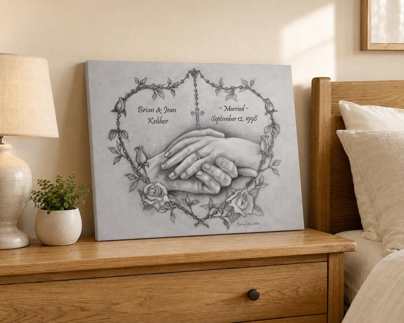 Personalized wedding canvas print, rosary heart and praying hands sacred art — Catholic gift from Glory Be Gifts – view 3
