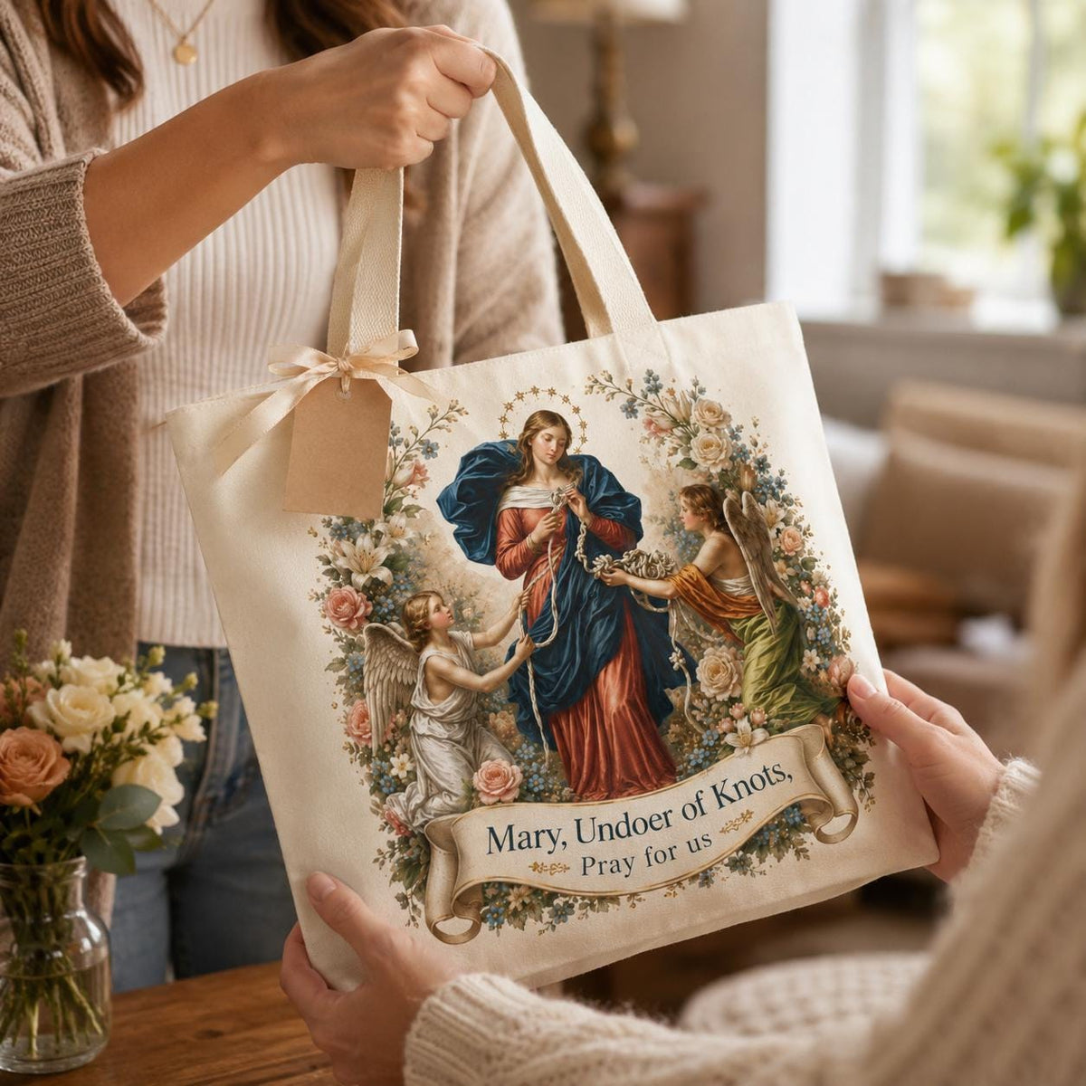 Mary Undoer of Knots Tote Bag, Catholic Marian Devotion Tote