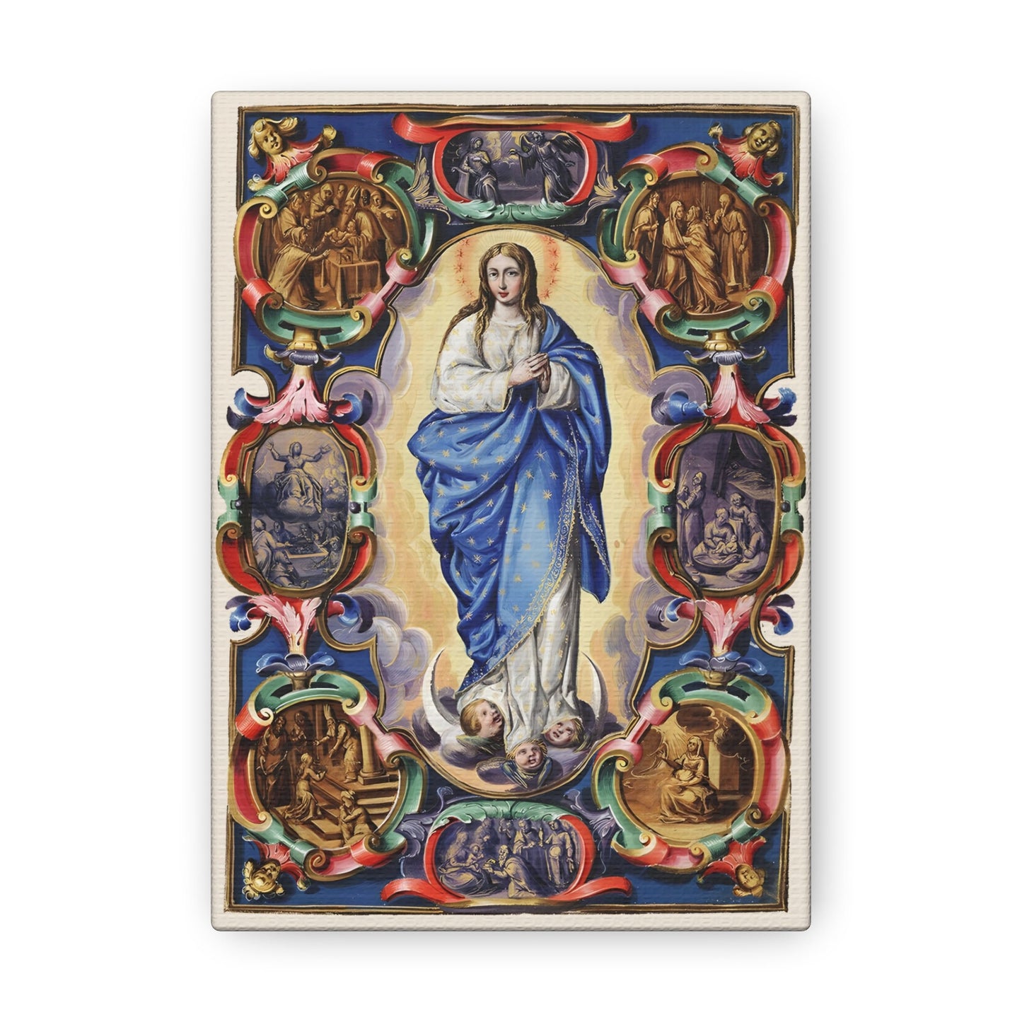 The Virgin of the Immaculate Conception Canvas, Annunciation Presentation and Visitation, Catholic Cartouch Mary Christmas Gift for wife