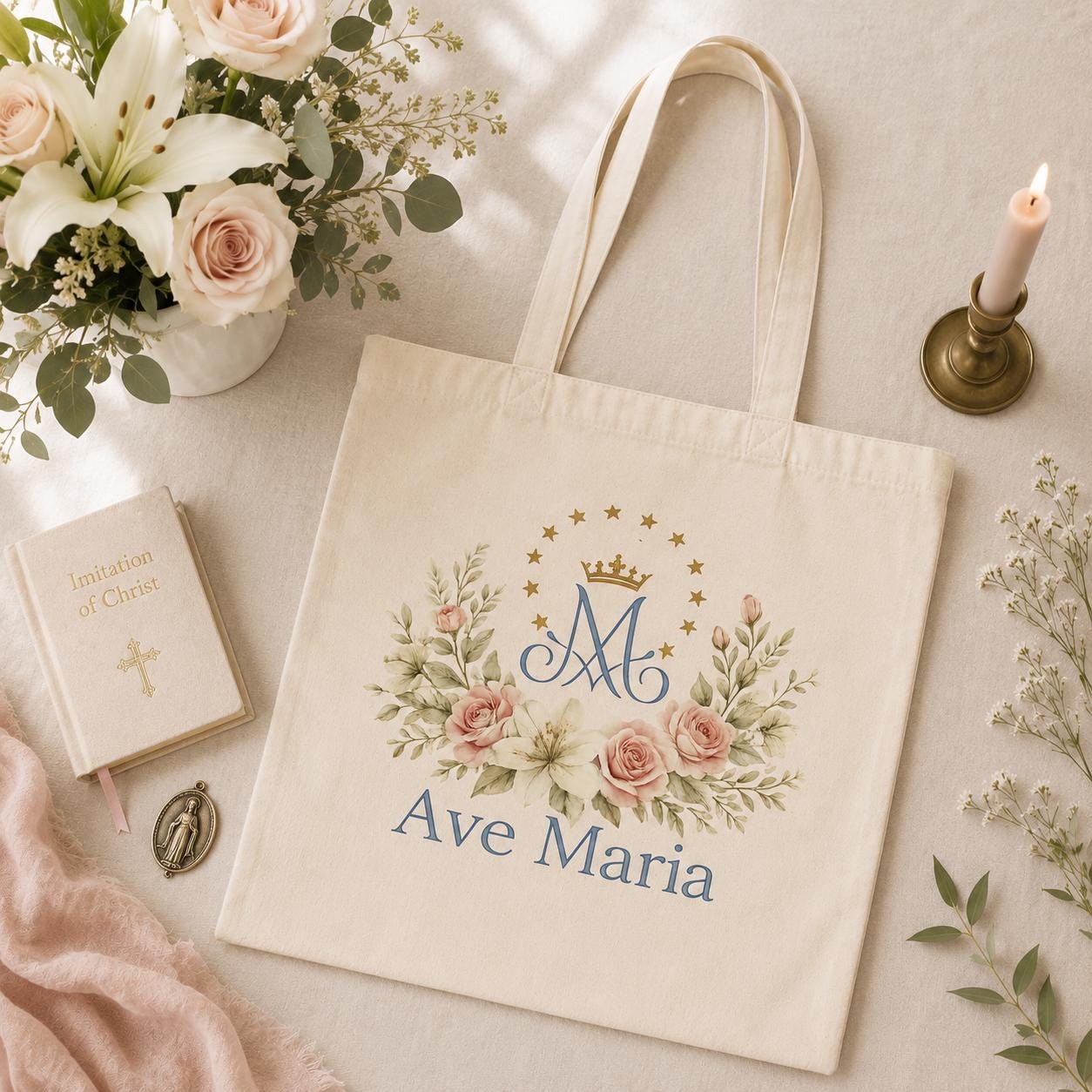Ave Maria canvas tote bag with watercolor Marian monogram design — Catholic gift from Glory Be Gifts
