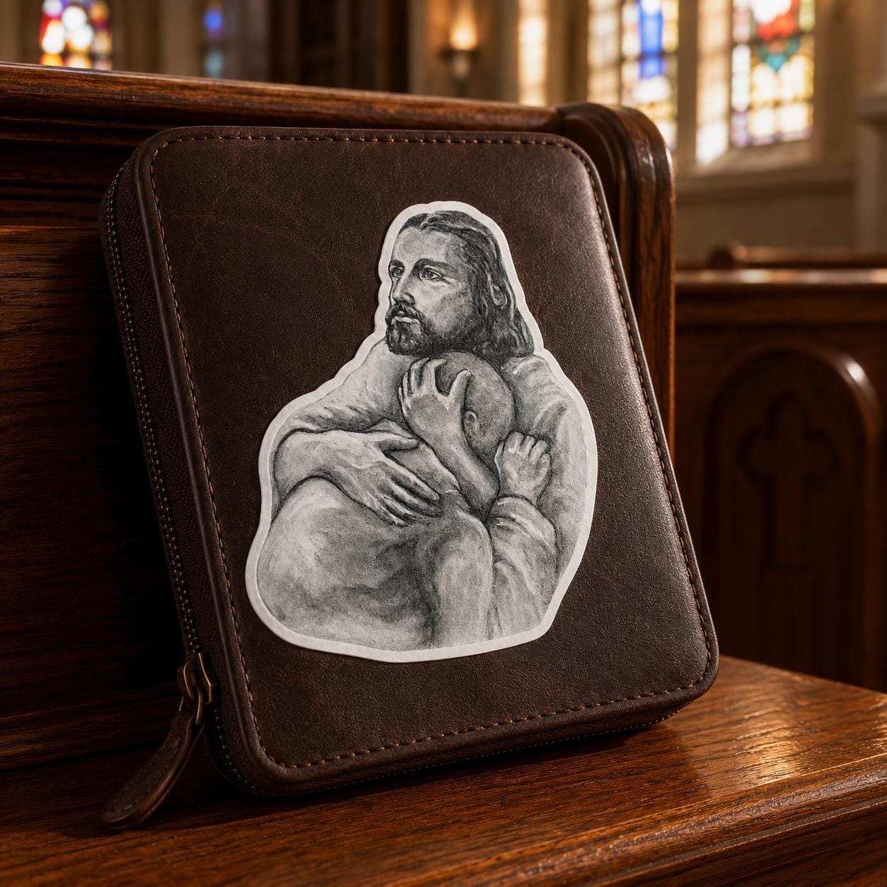 Jesus Comforting the Suffering Soul vinyl sticker, sacred art sketch by Brian Kelliher — Catholic gift from Glory Be Gifts – view 5