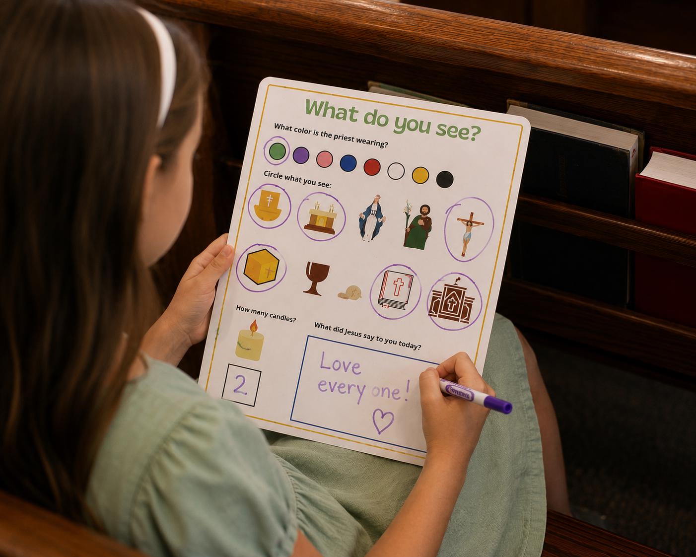 Catholic Mass bag for toddlers with board book, dry-erase board, and fidget toy — Catholic gift from Glory Be Gifts – view 2