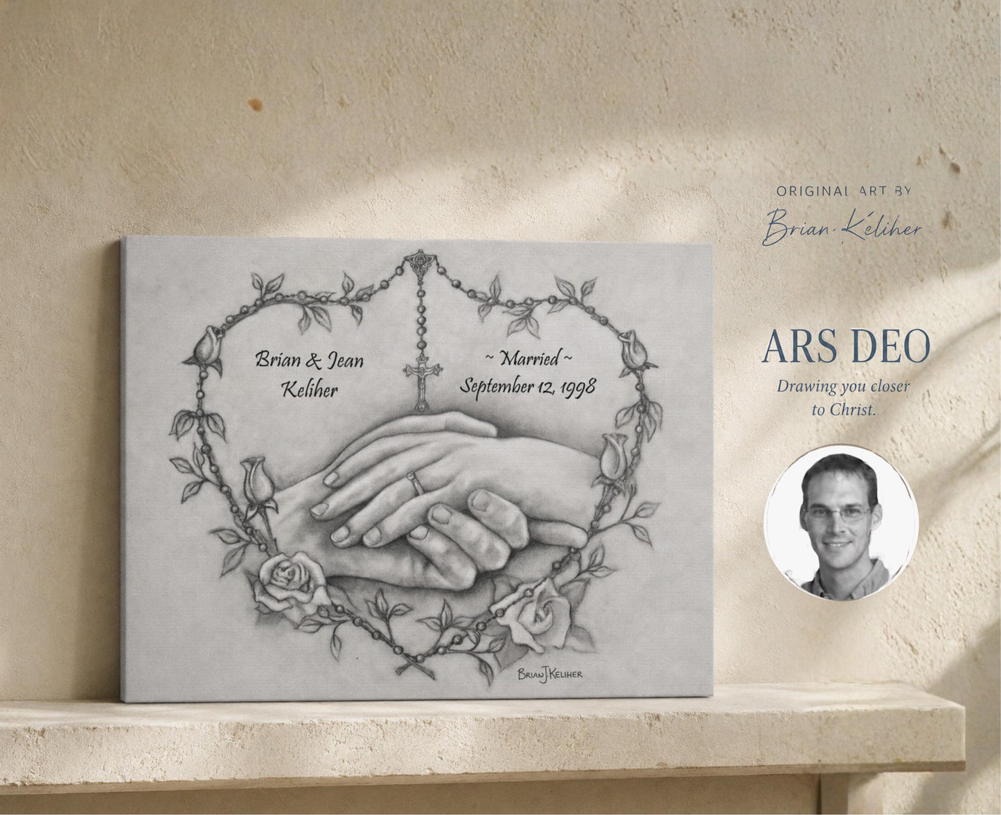 Personalized wedding canvas print, rosary heart and praying hands sacred art — Catholic gift from Glory Be Gifts – view 7