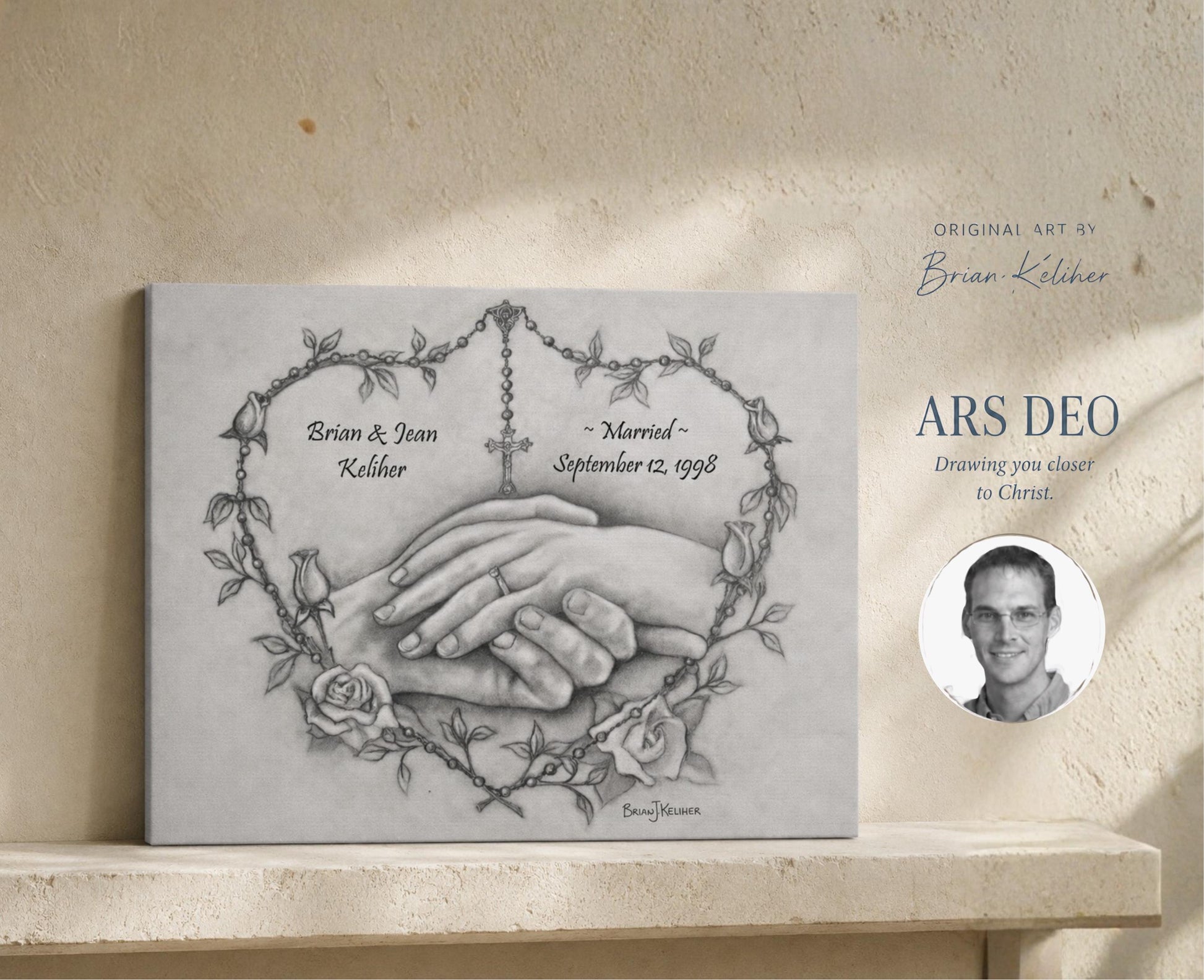 Personalized wedding canvas print, rosary heart and praying hands sacred art — Catholic gift from Glory Be Gifts – view 7