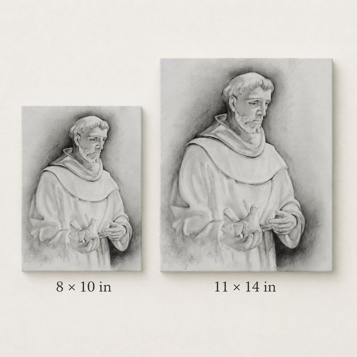 Saint Francis of Assisi canvas print, Franciscan habit with dove sacred art sketch — Catholic gift from Glory Be Gifts – view 3