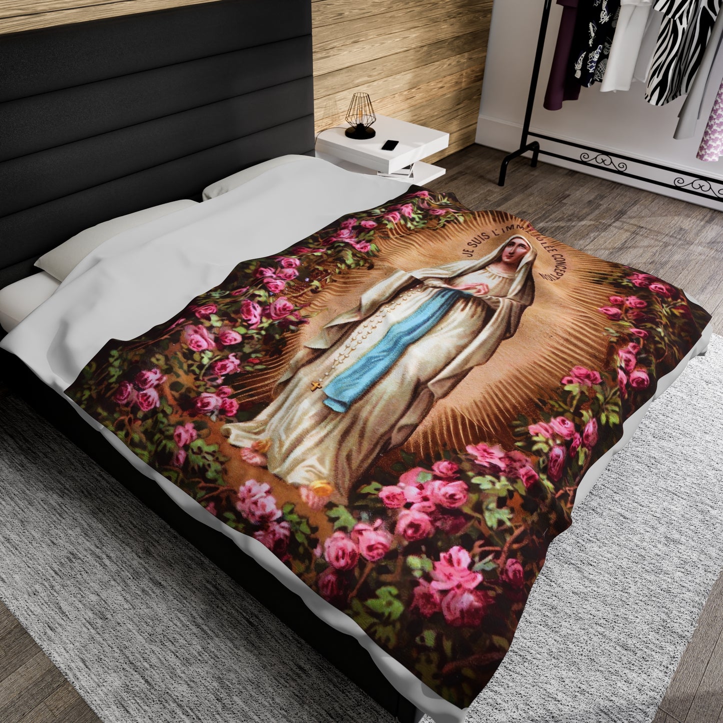 Our Lady of the Immaculate Conception Catholic Plus Blanket, Floral Image of Mary on a Fuzzy Blanket, Marian Devotion Gift for Mothers Day