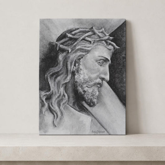 Shoulder the Cross canvas print, Christ carrying the cross sacred art sketch — Catholic gift from Glory Be Gifts
