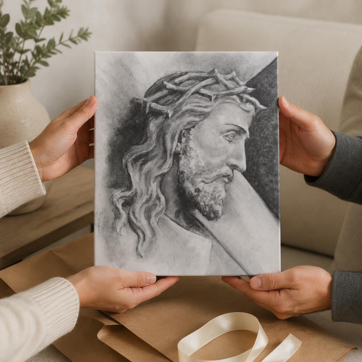 Shoulder the Cross canvas print, Christ carrying the cross sacred art sketch — Catholic gift from Glory Be Gifts – view 6