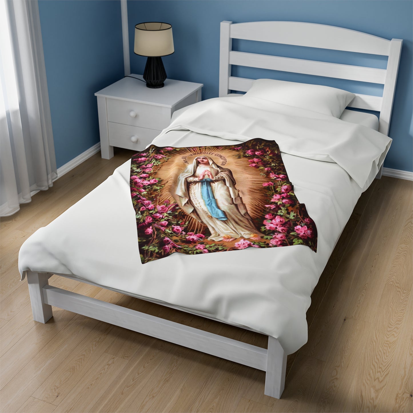 Our Lady of the Immaculate Conception Catholic Plus Blanket, Floral Image of Mary on a Fuzzy Blanket, Marian Devotion Gift for Mothers Day