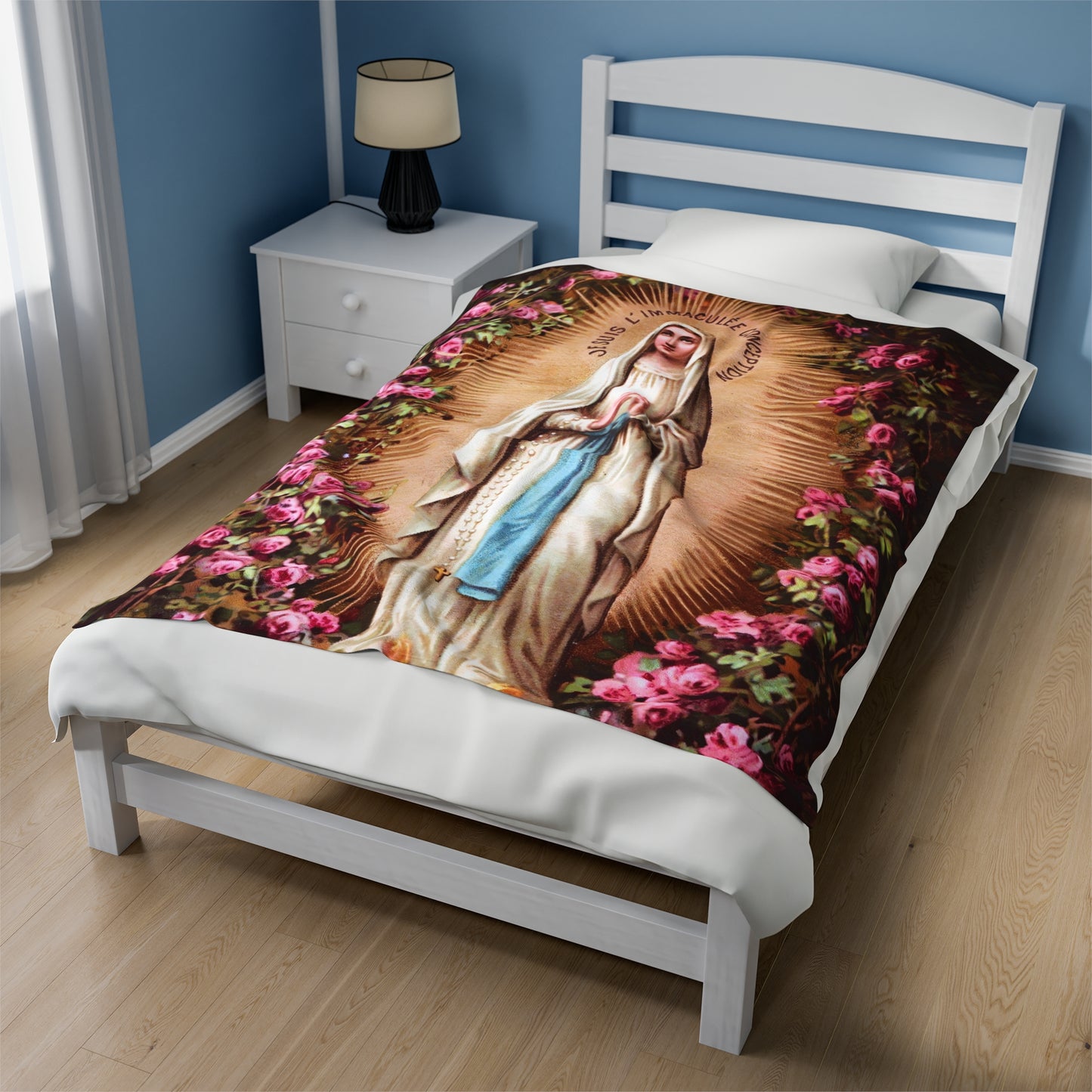 Our Lady of the Immaculate Conception Catholic Plus Blanket, Floral Image of Mary on a Fuzzy Blanket, Marian Devotion Gift for Mothers Day