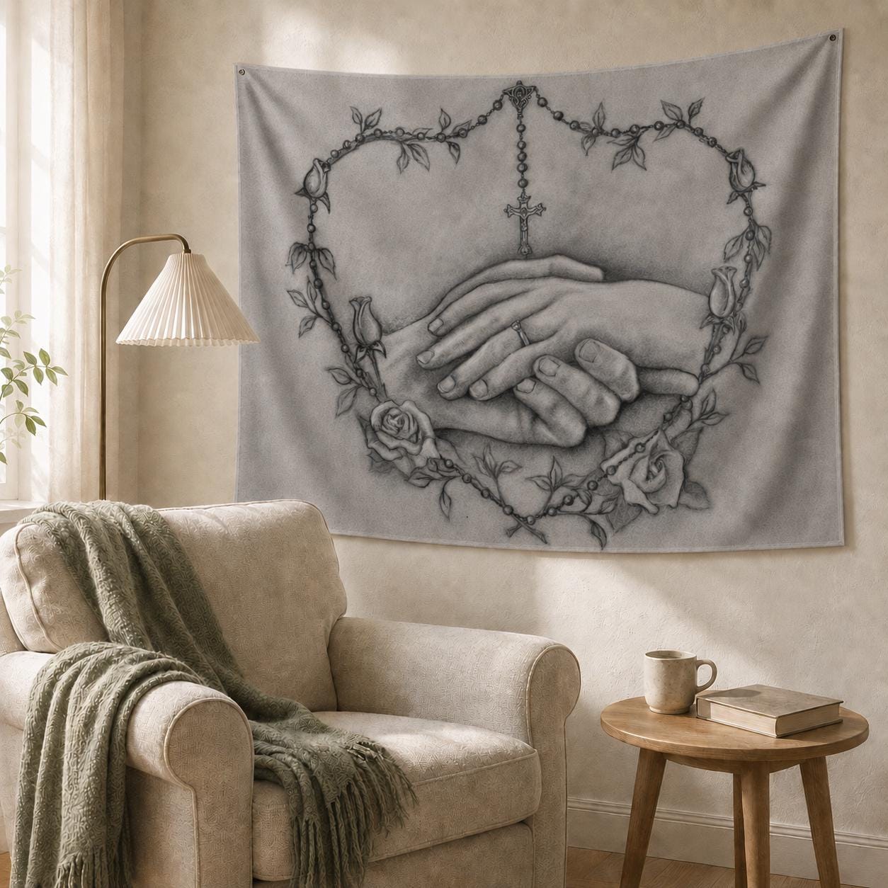 Personalized Wedding Tapestry – Catholic Rosary Heart Wall Art