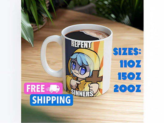 Funny Luce the Catholic Mascot Ceramic Mug - Anime-Inspired Christian Gift - Unique Catholic Art for Fans