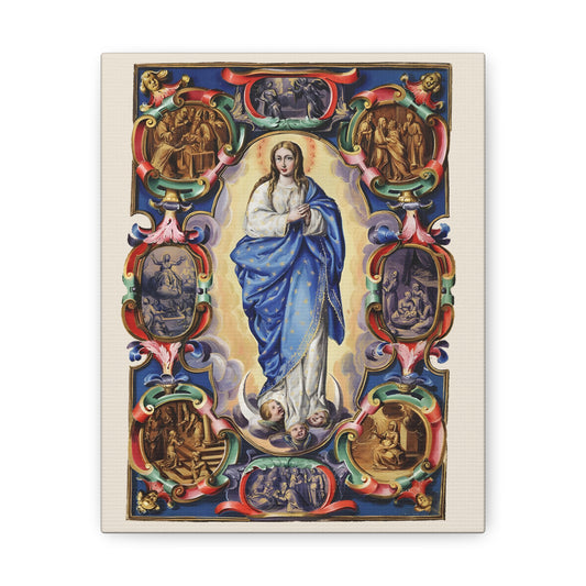 The Virgin of the Immaculate Conception Canvas, Aunnciation Presentation and Visitation Scenes, Catholic Cartouch Mary Art