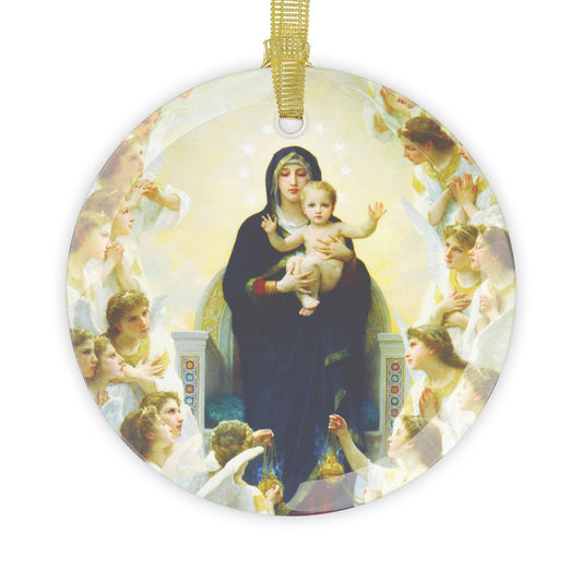 Mary Queen of Angels Glass Ornament, Catholic Christmas Ornament Gift for mom dad grandma, Virgin Mary Mother of God Art