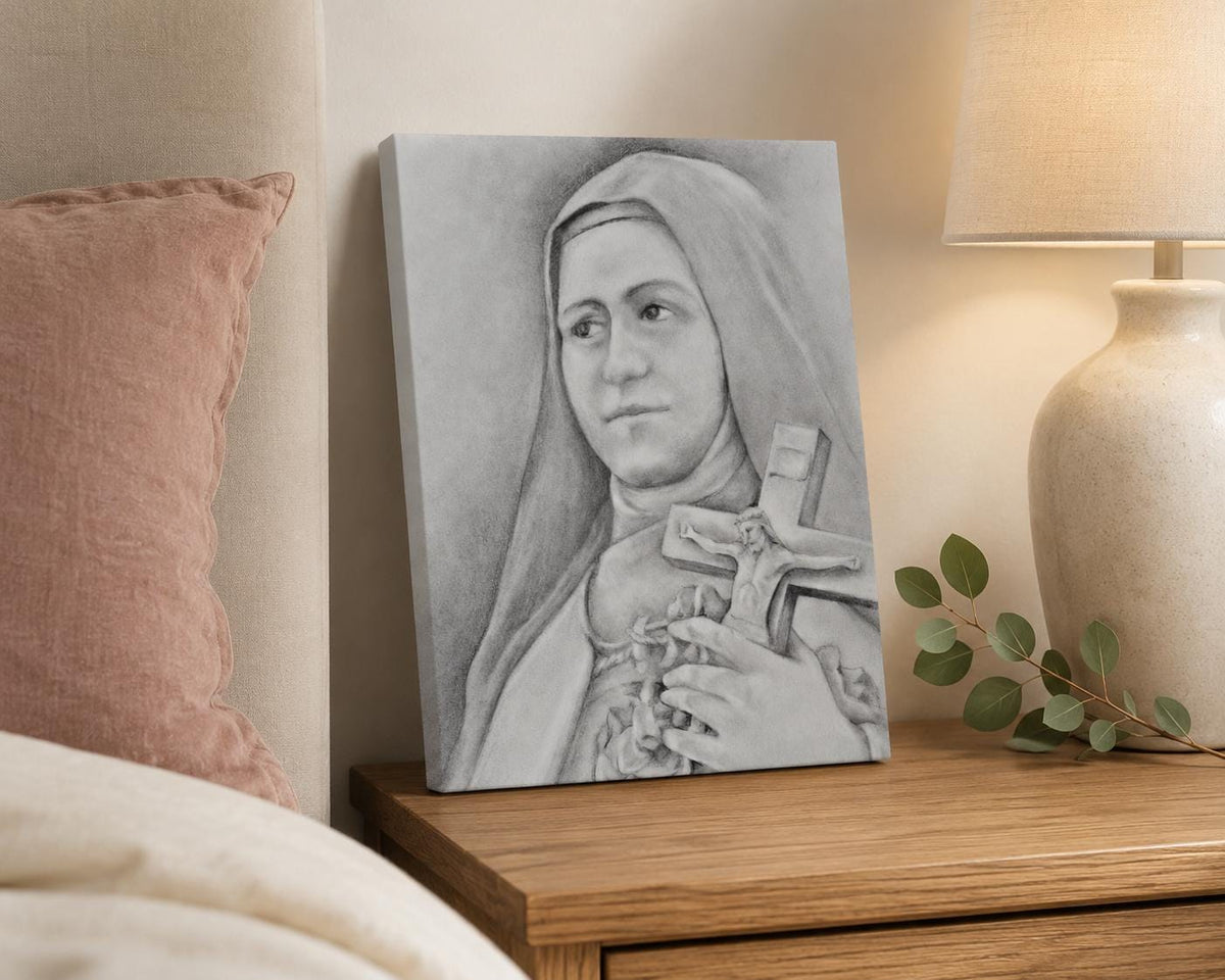 Saint Thérèse of Lisieux canvas print, the Little Flower holding a rose-wrapped crucifix, sacred art by Brian Kelliher — Catholic gift from Glory Be Gifts – view 3