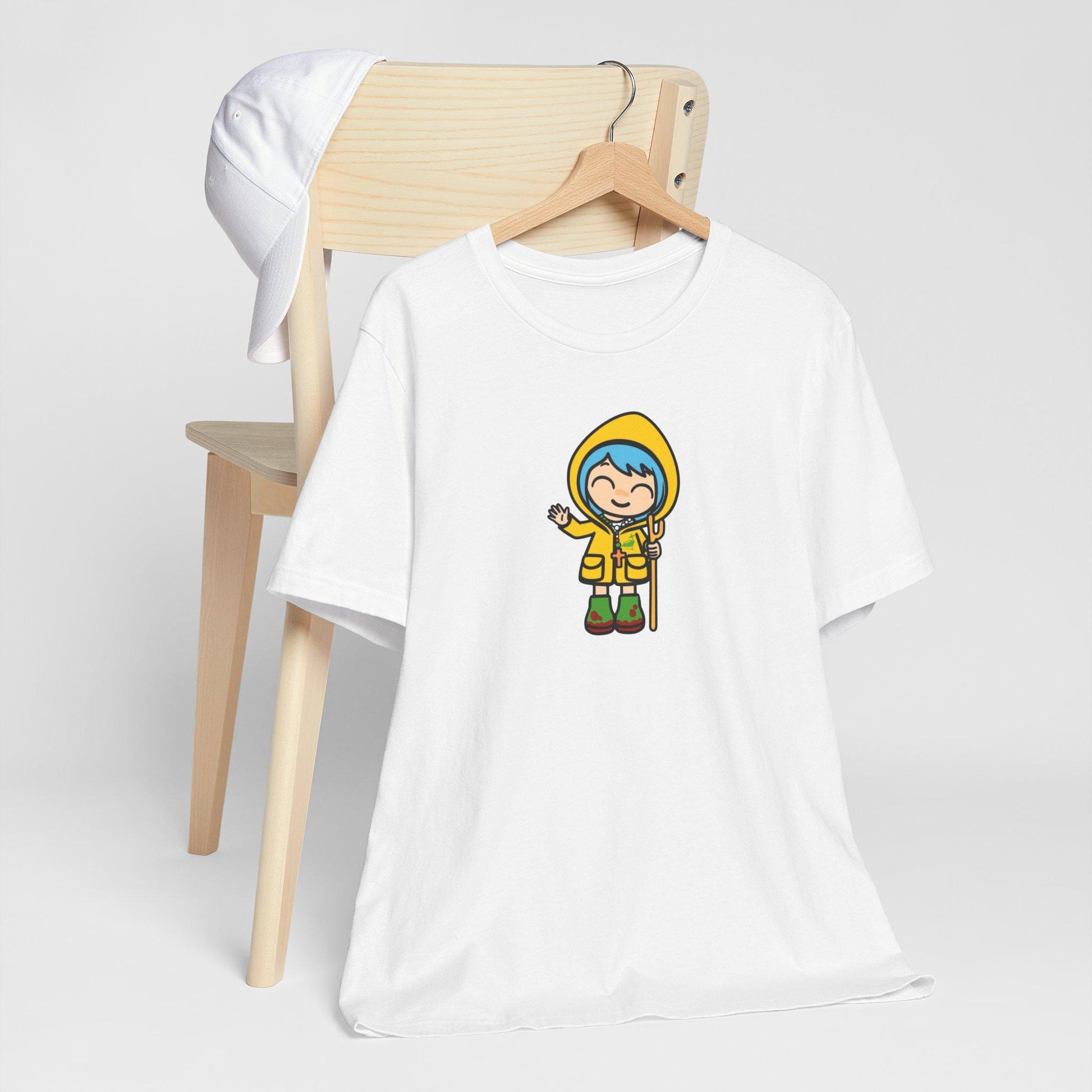 Luce waving Catholic Jubilee mascot unisex tee shirt design — Catholic gift from Glory Be Gifts – view 6