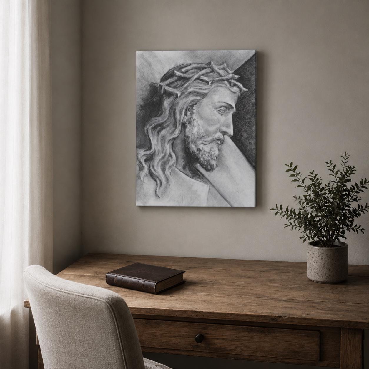 Shoulder the Cross canvas print, Christ carrying the cross sacred art sketch — Catholic gift from Glory Be Gifts – view 2
