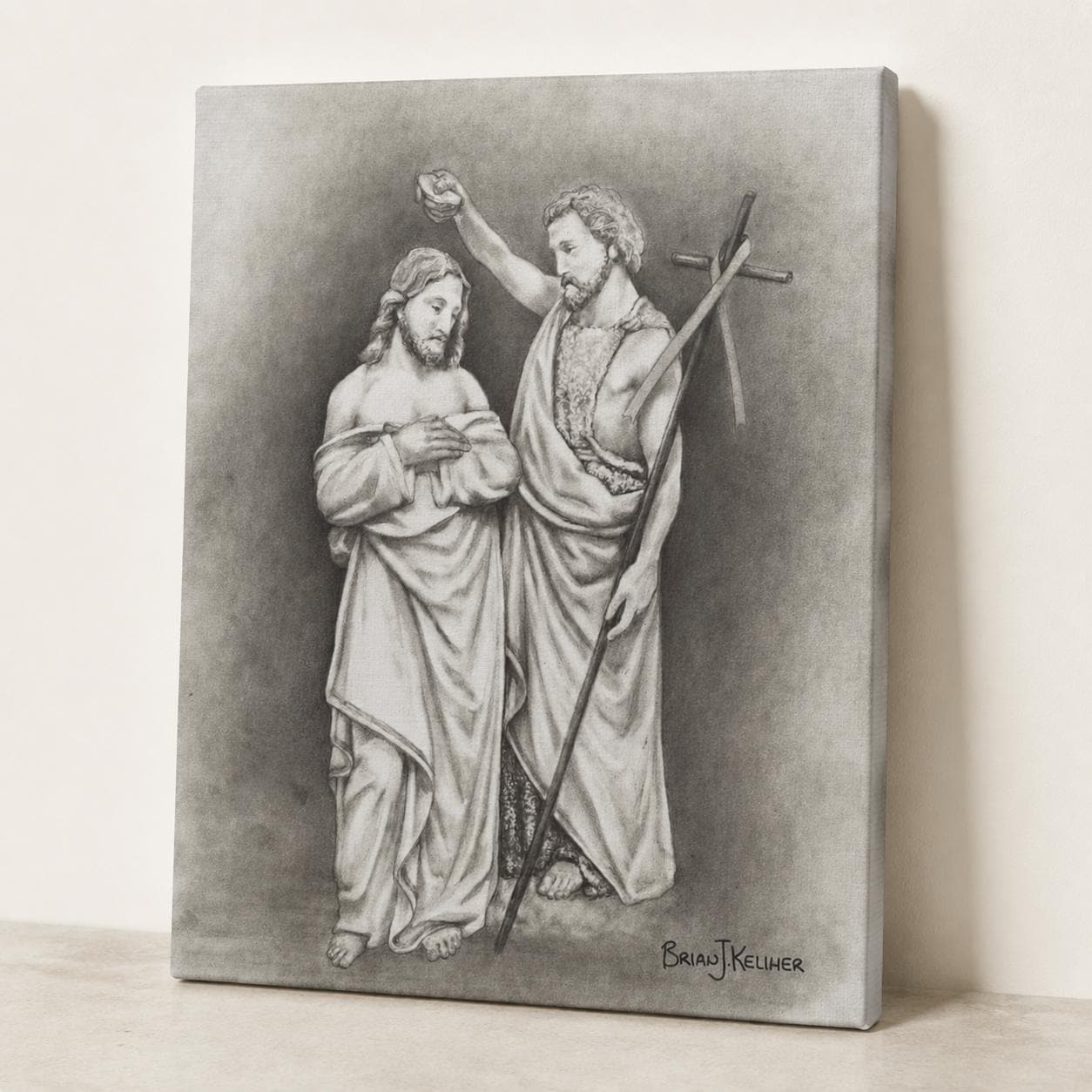 Baptism of Christ canvas print, sacred art sketch of John the Baptist and Jesus by Brian Kelliher — Catholic gift from Glory Be Gifts