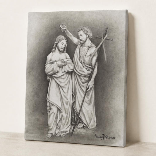 Baptism of Christ canvas print, sacred art sketch of John the Baptist and Jesus by Brian Kelliher — Catholic gift from Glory Be Gifts
