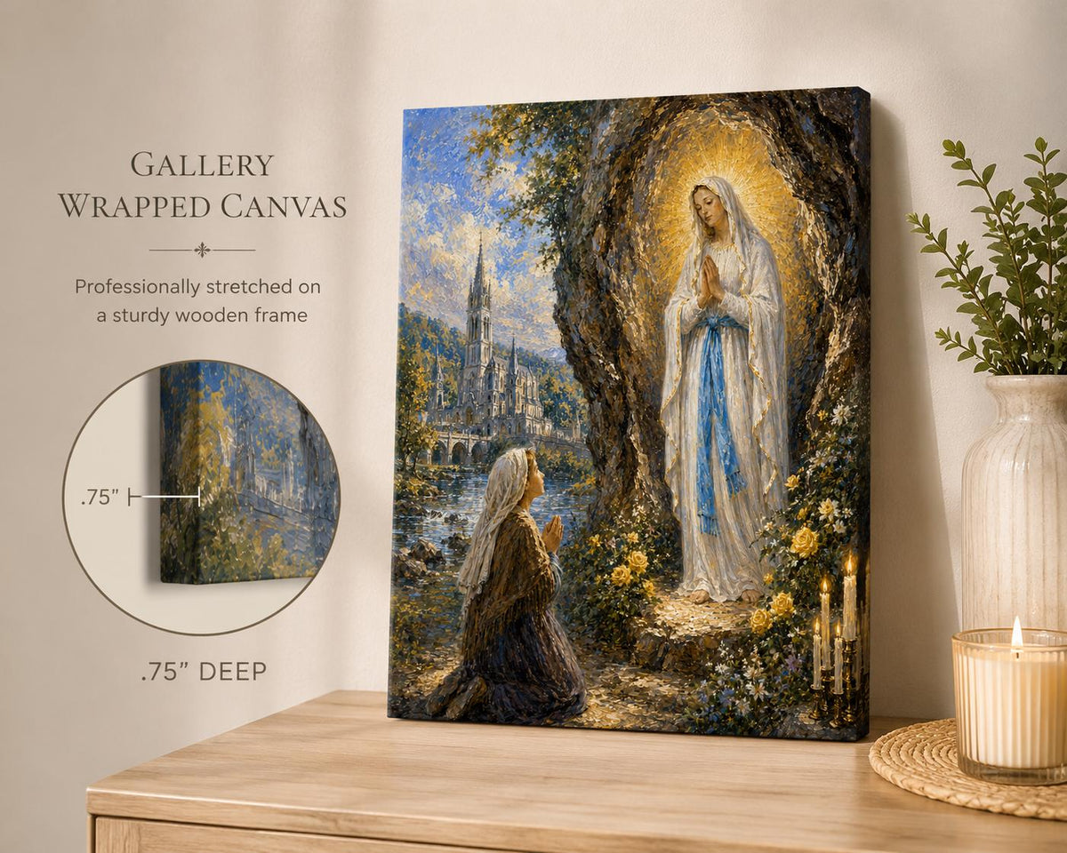 Our Lady of Lourdes canvas print, apparition to St. Bernadette at the grotto — Catholic gift from Glory Be Gifts – view 4
