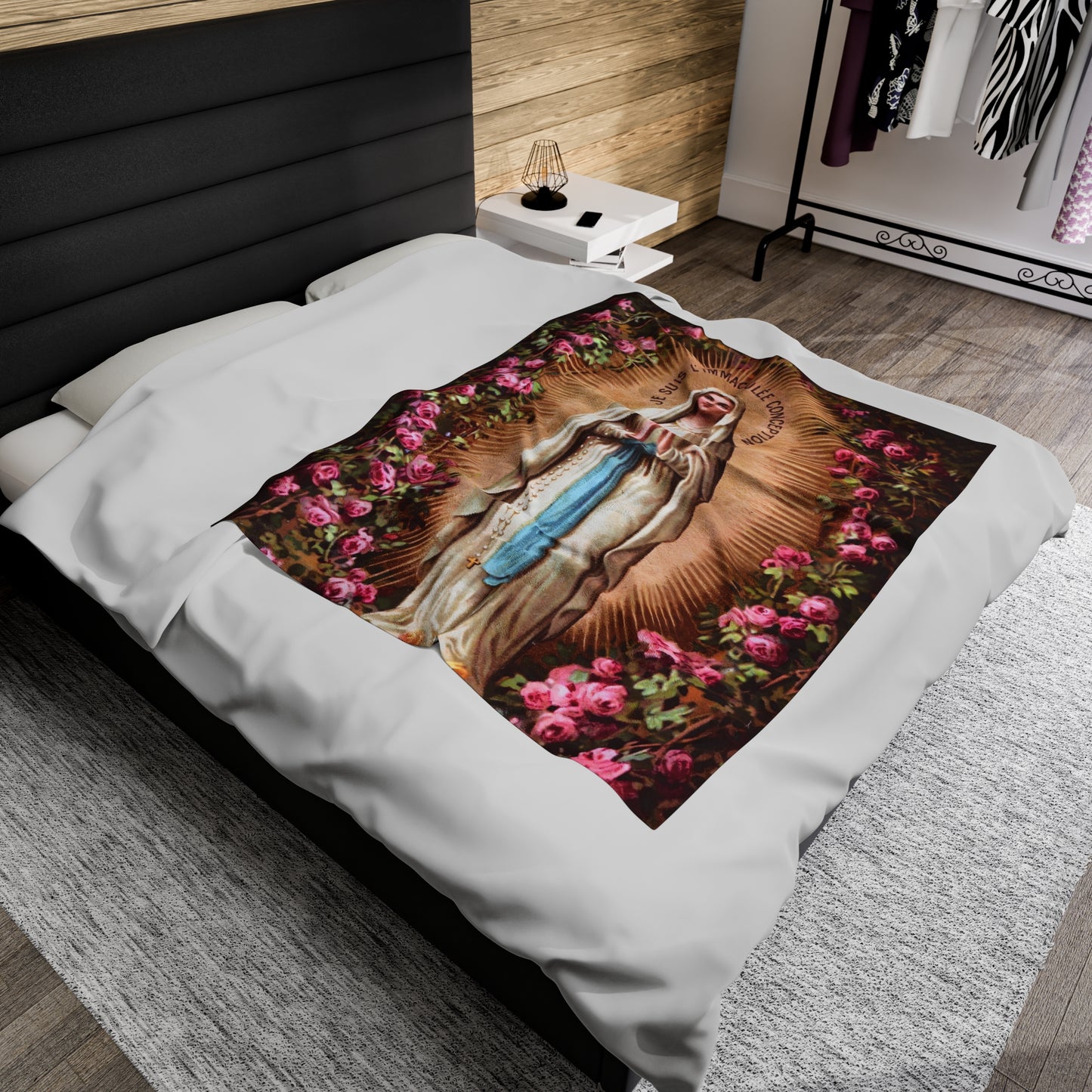 Our Lady of the Immaculate Conception Catholic Plus Blanket, Floral Image of Mary on a Fuzzy Blanket, Marian Devotion Gift for Mothers Day