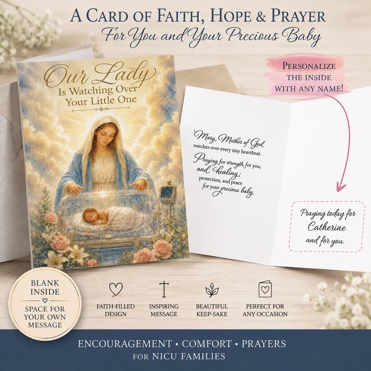 Personalized NICU prayer card, Our Lady watching over baby in incubator — Catholic gift from Glory Be Gifts – view 7