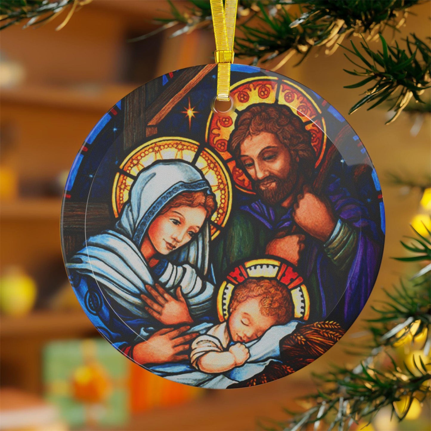 Holy Family Stained Glass Catholic Christmas Ornament