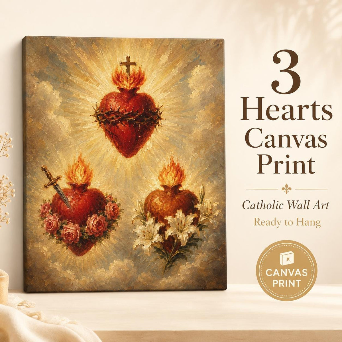 Three Hearts canvas print of the Holy Family — Sacred Heart of Jesus, Immaculate Heart of Mary, Chaste Heart of Joseph — Catholic gift from Glory Be Gifts