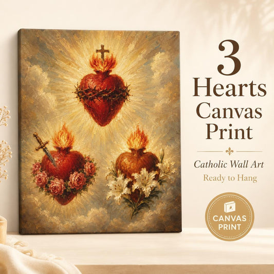 Three Hearts canvas print of the Holy Family — Sacred Heart of Jesus, Immaculate Heart of Mary, Chaste Heart of Joseph — Catholic gift from Glory Be Gifts