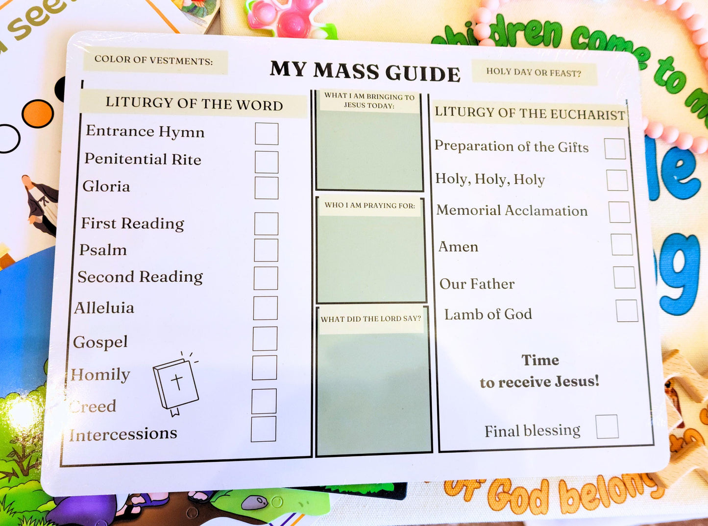 Catholic Mass bag for toddlers with board book, dry-erase board, and fidget toy — Catholic gift from Glory Be Gifts – view 4