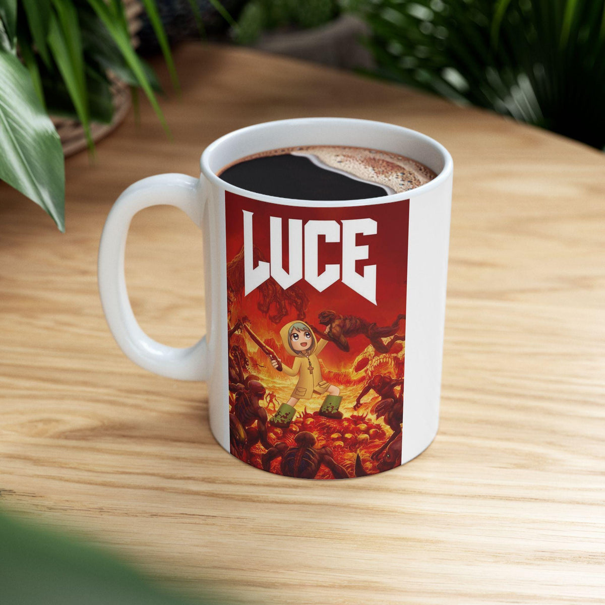 Luce DOOM ceramic mug, Catholic Jubilee Year mascot design — Catholic gift from Glory Be Gifts – view 4