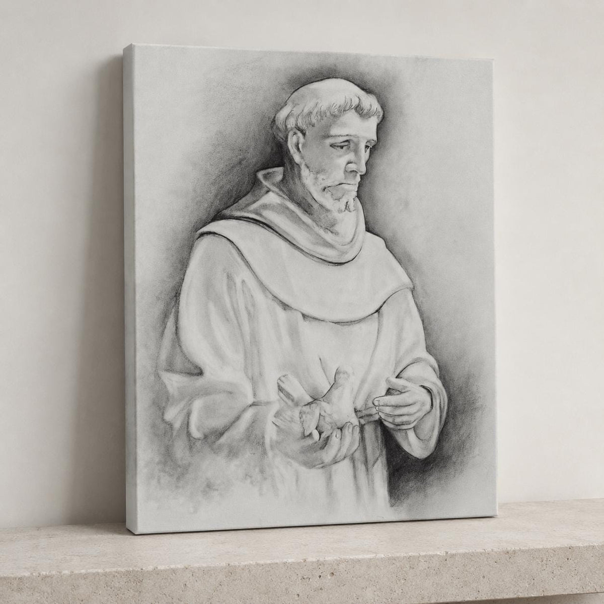 Saint Francis of Assisi canvas print, Franciscan habit with dove sacred art sketch — Catholic gift from Glory Be Gifts