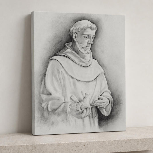 Saint Francis of Assisi canvas print, Franciscan habit with dove sacred art sketch — Catholic gift from Glory Be Gifts
