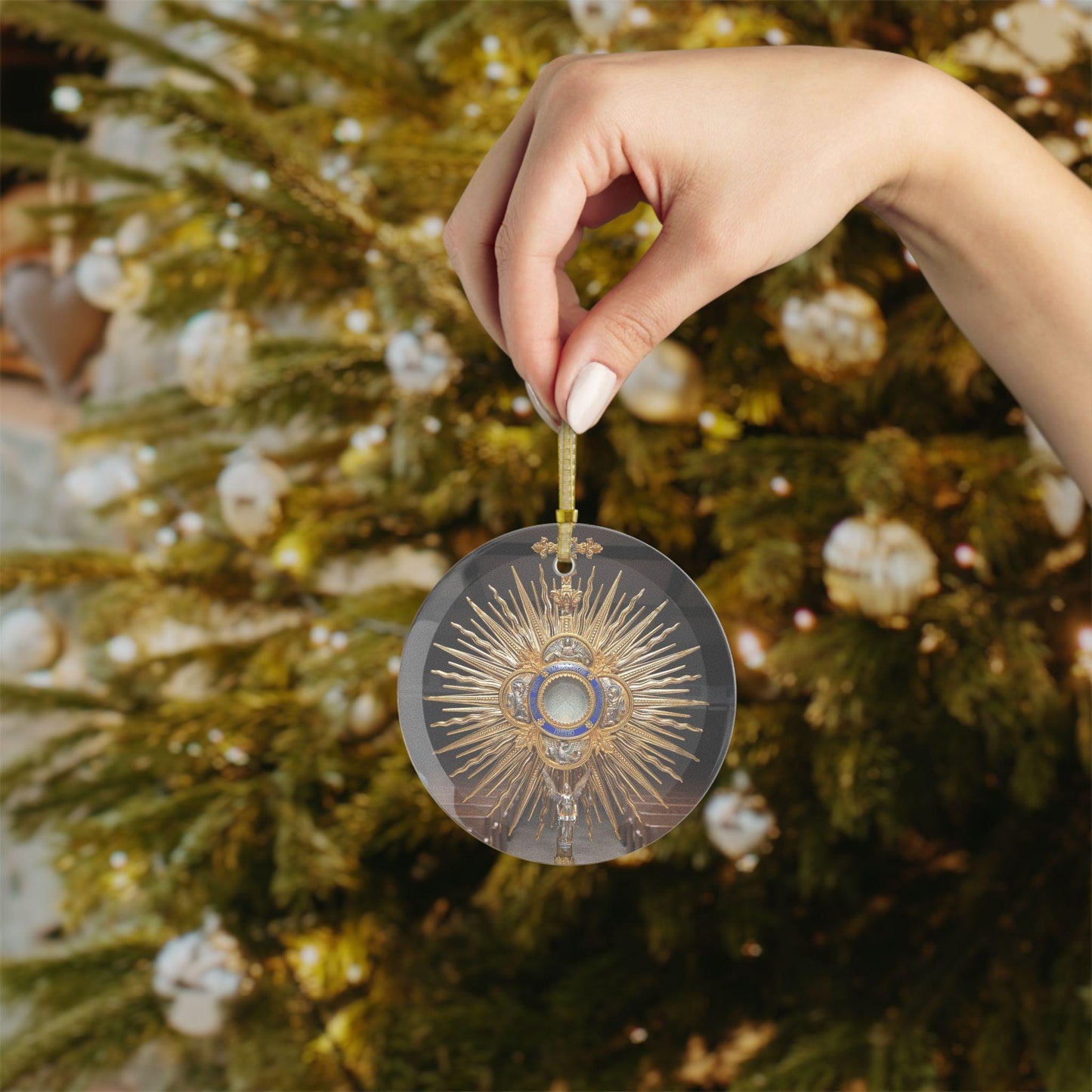 Adore Jesus Catholic Glass Christmas Ornament