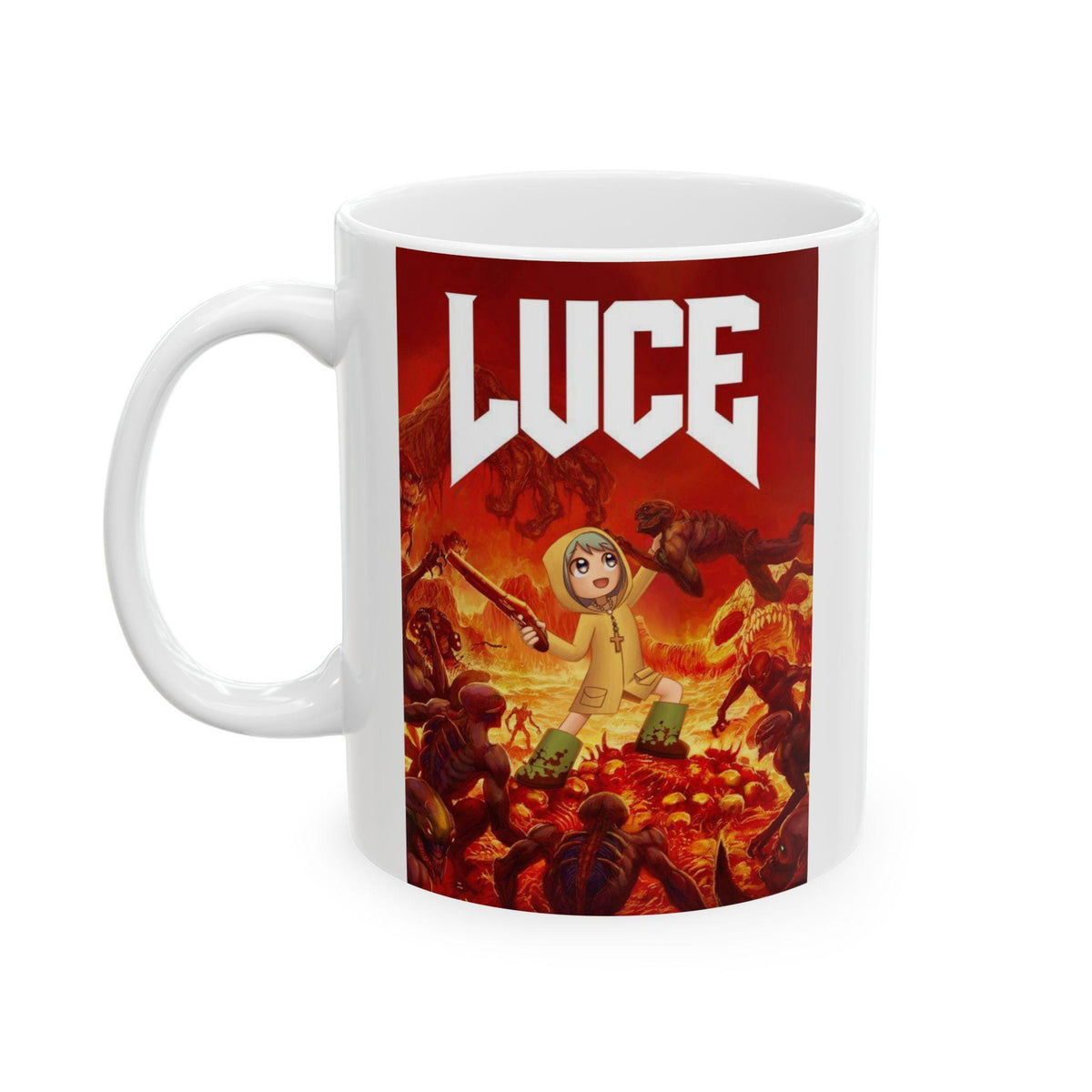 Luce DOOM ceramic mug, Catholic Jubilee Year mascot design — Catholic gift from Glory Be Gifts – view 2