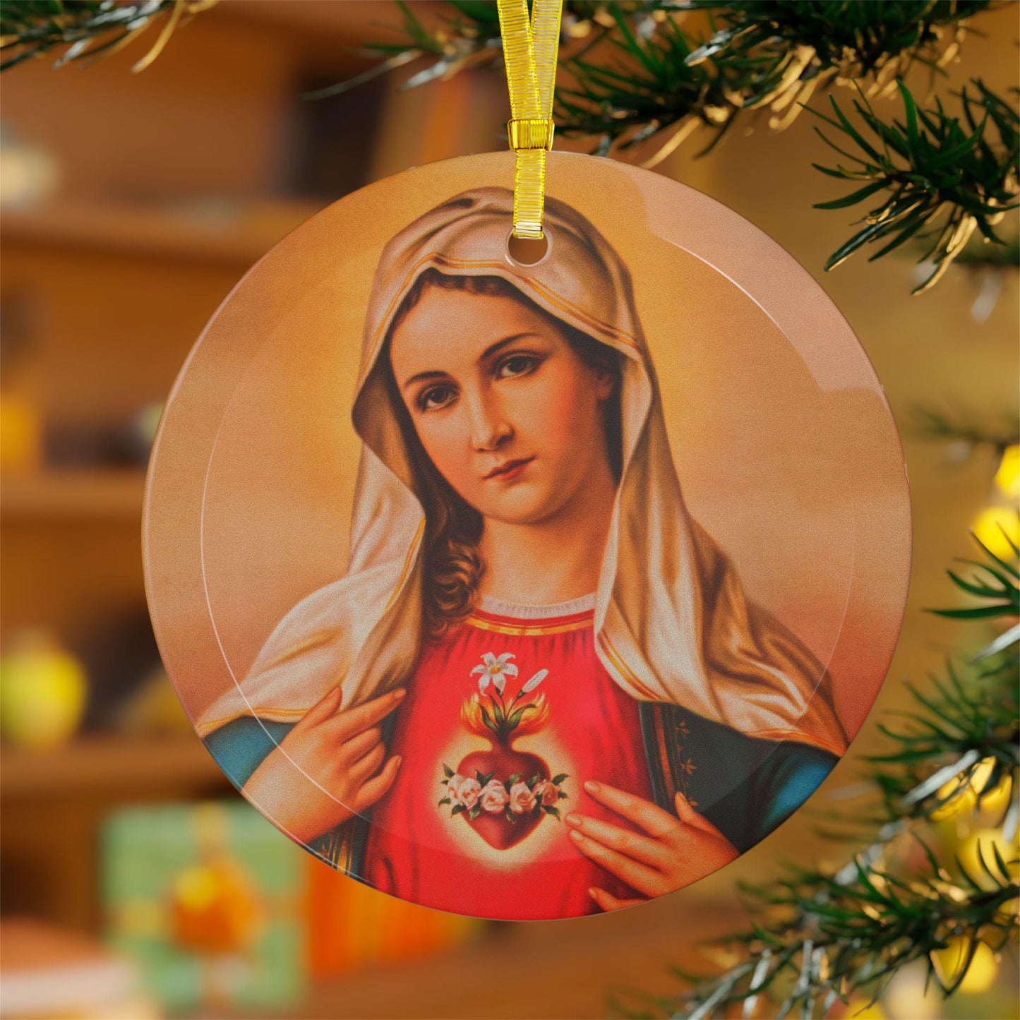 Immaculate Heart of Mary Catholic Glass Christmas Ornament,  Christmas Gift for Wife Mother Grandma Sister, Mary Queen of Heaven