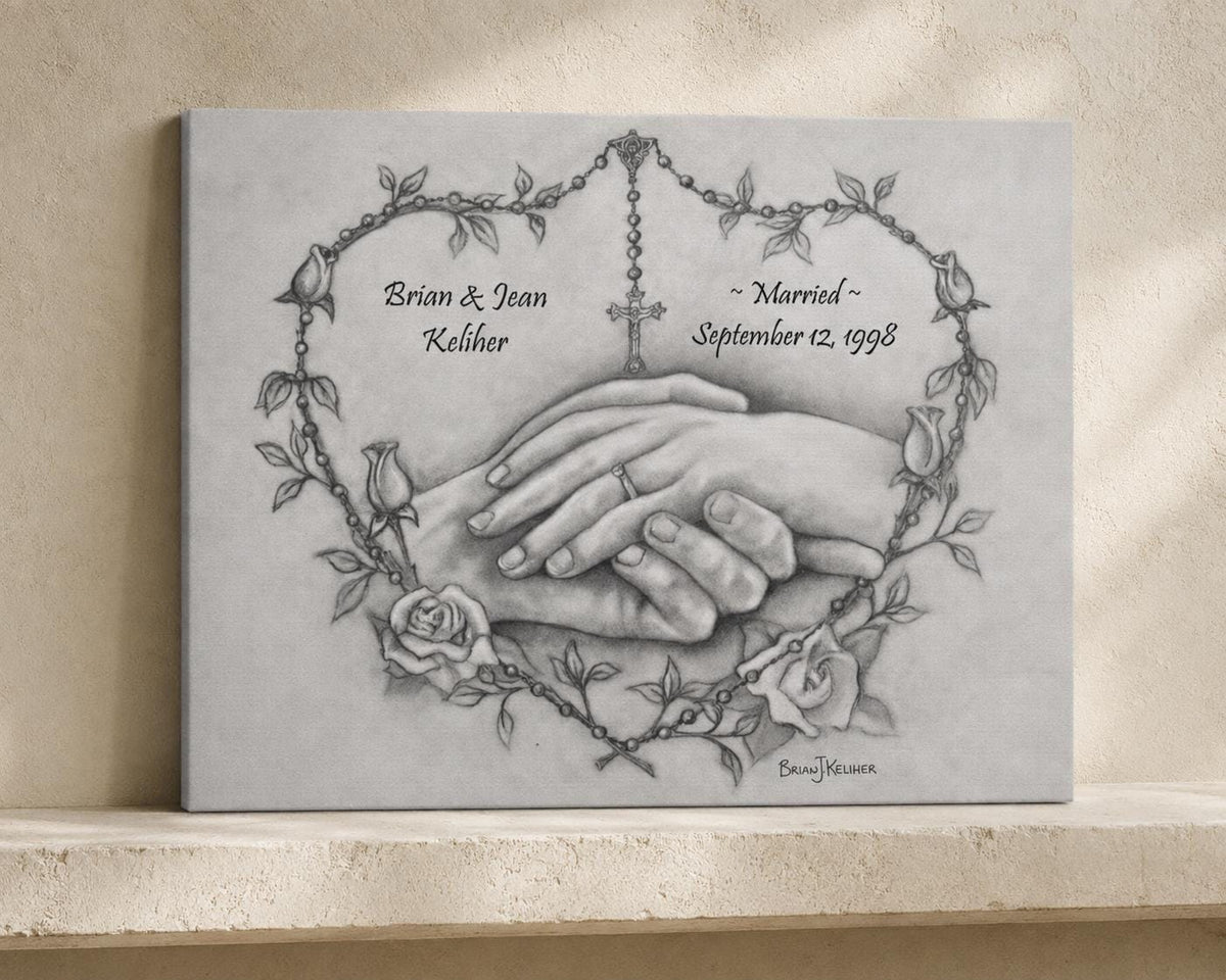 Personalized wedding canvas print, rosary heart and praying hands sacred art — Catholic gift from Glory Be Gifts – view 9