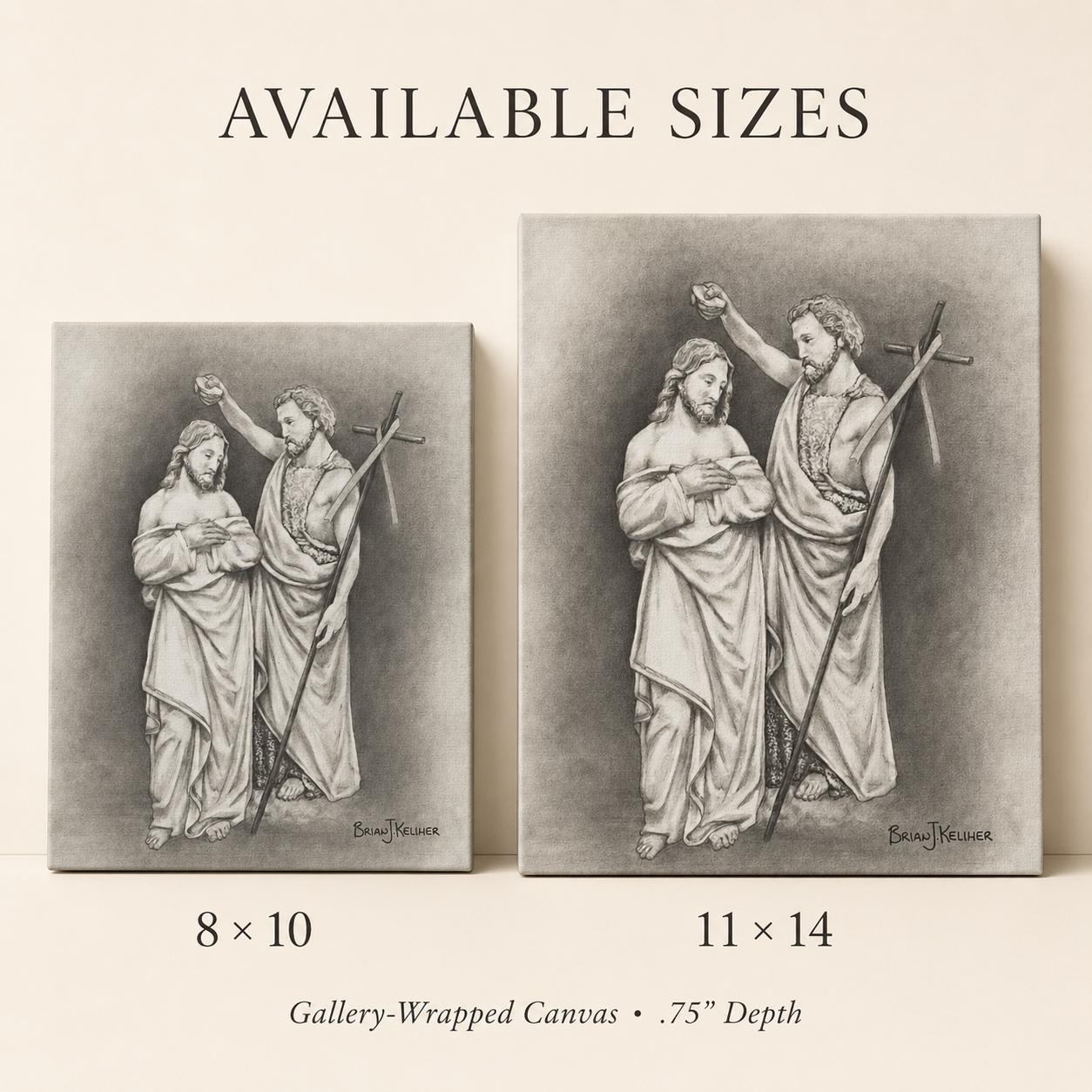 Baptism of Christ canvas print, sacred art sketch of John the Baptist and Jesus by Brian Kelliher — Catholic gift from Glory Be Gifts – view 3