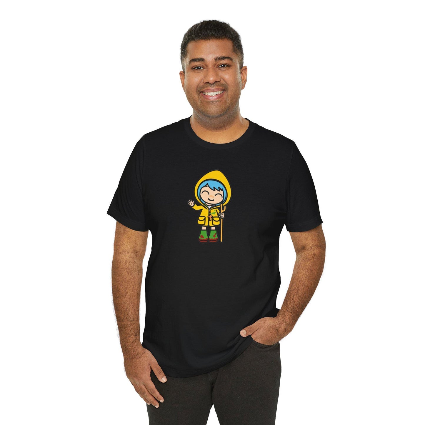 Luce waving Catholic Jubilee mascot unisex tee shirt design — Catholic gift from Glory Be Gifts – view 8