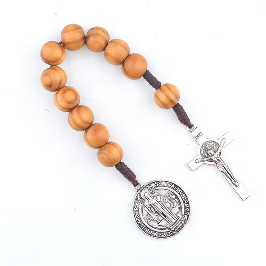 Saint Benedict 1-Decade Brown Cord Wood Bead Pocket Travel Rosary