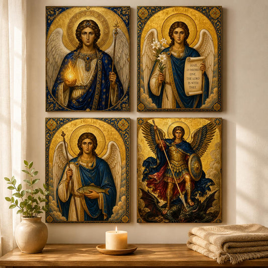 Four Archangels Canvas Wall Art Set, Michael Gabriel Raphael Uriel Catholic Icon Print, Ready to Hang Religious Home Decor Gift