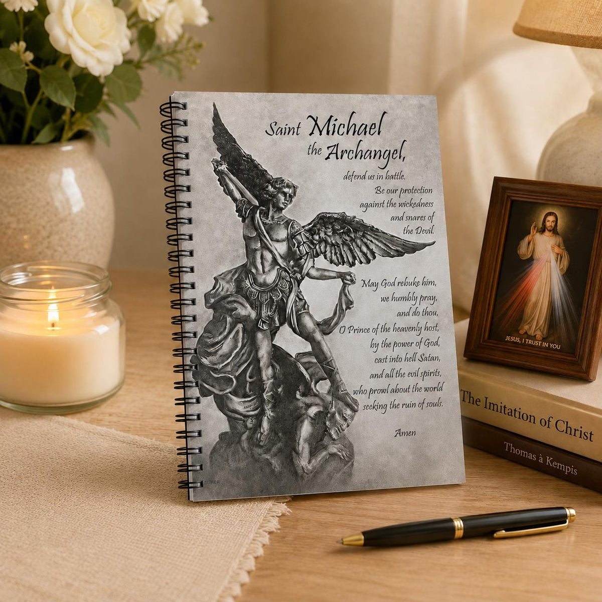 Saint Michael the Archangel prayer journal cover, Defend Us in Battle sacred art — Catholic gift from Glory Be Gifts – view 7