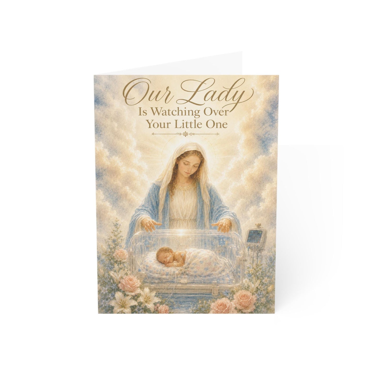 Personalized NICU prayer card, Our Lady watching over baby in incubator — Catholic gift from Glory Be Gifts – view 2
