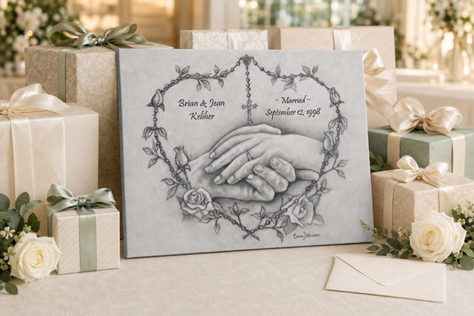Personalized wedding canvas print, rosary heart and praying hands sacred art — Catholic gift from Glory Be Gifts