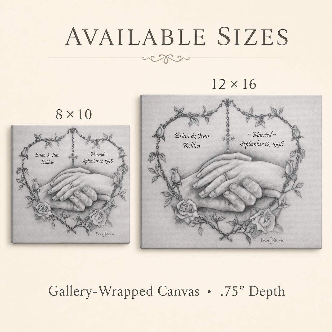 Personalized wedding canvas print, rosary heart and praying hands sacred art — Catholic gift from Glory Be Gifts – view 4